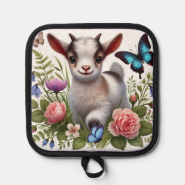 Babyziege mit bunten Schmetterlingen und Blume Topflappen