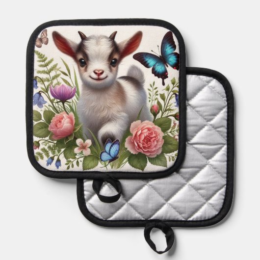 Babyziege mit bunten Schmetterlingen und Blume Topflappen (Vorderseite/Rückseite)