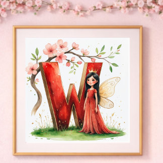 Babyzimmer für Mädchen Buchstabe W Feen Blumenmust Poster
