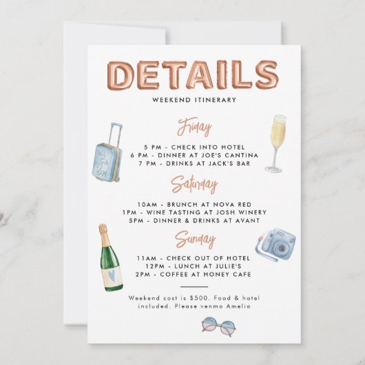 Bach & Boozy Rose Gold Bachelorette Wochenende Einladung (Rückseite)