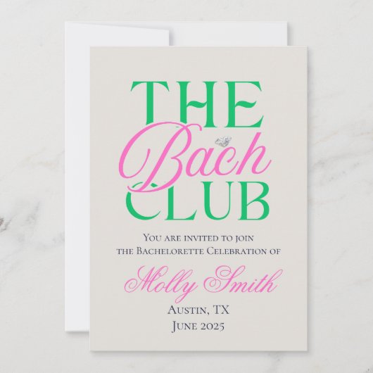 Bach Club Modern Simple Pink Green Bachelorette Einladung (Vorderseite)