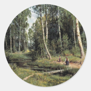 Bach im Birkenwald von Schischkin Iwan Iwanow Runder Aufkleber