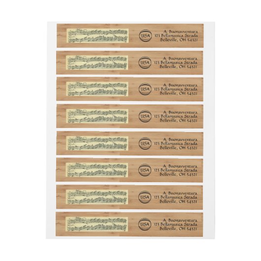Bach Musik-Manuskript-hölzerner BlickInternational Rundum-Adressaufkleber (Bogen)