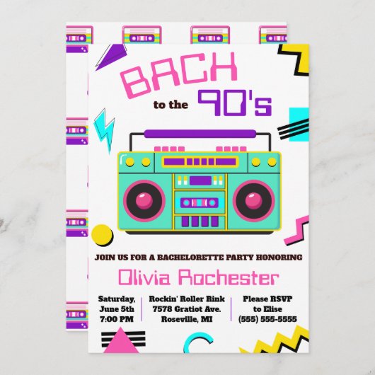 Bach zum Junggeselinnen-Abschied der 90er Jahre Einladung (Vorne/Hinten)