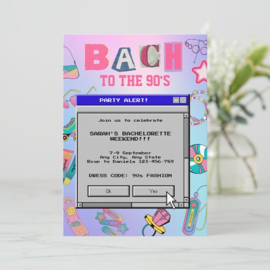 Bach zum Retro-Bachelorette-Wochenende der 90er Ja Einladung (Stehend Vorderseite)