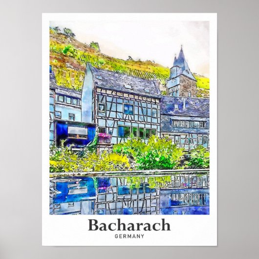 Bacharach Deutschland Kunst Reisen Wasserfarben Ha Poster (Vorne)