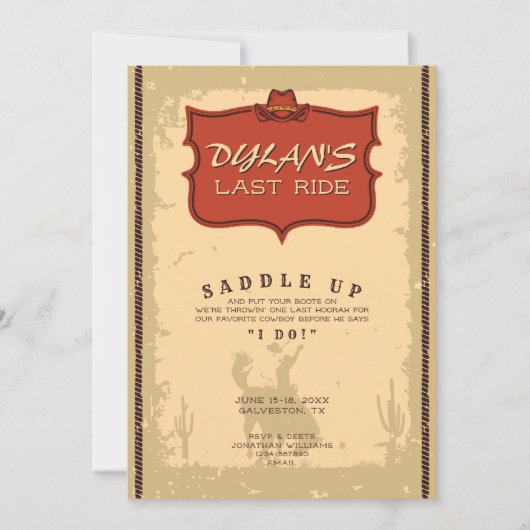 Bachelor Letzter Western Cowboy Texas Adventure Einladung (Vorderseite)