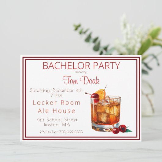 Bachelor Party Alt modische Drink White Border Einladung (Stehend Vorderseite)