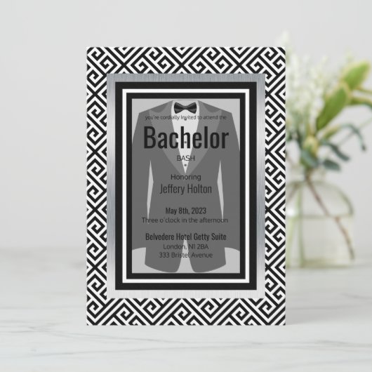 Bachelor-Party in Schwarz, Silber Save the Date (Stehend Vorderseite)