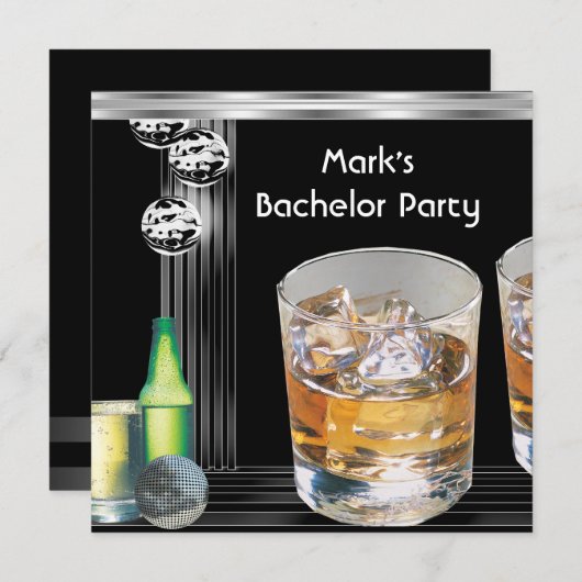 Bachelor Party Mens Drinks Black Silver Einladung (Vorne/Hinten)