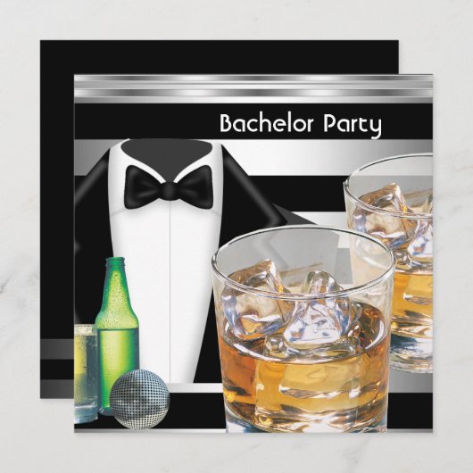 Bachelor Party Mens Drinks Tuxedo Black Silver Einladung (Vorne/Hinten)