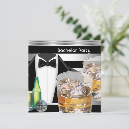 Bachelor Party Mens Drinks Tuxedo Black Silver Einladung (Stehend Vorderseite)