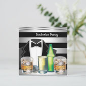 Bachelor Party Mens Drinks Tuxedo Black Silver Einladung (Stehend Vorderseite)