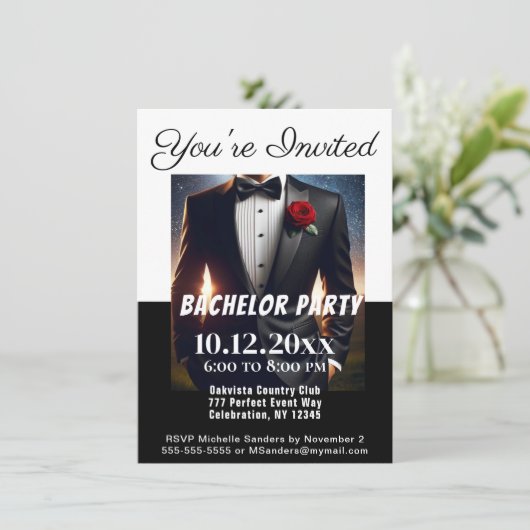 Bachelor Party Tuxedo Einladung (Stehend Vorderseite)