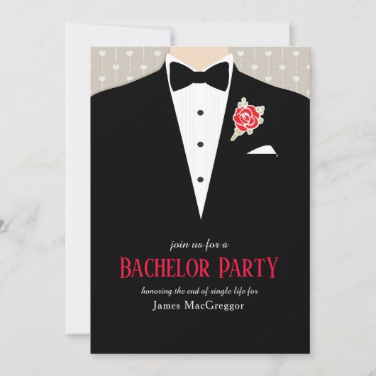Bachelor Party tuxedo rote Rose Einladung (Vorderseite)