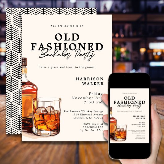 Bachelor Party Whiskey Theme Old Fashioned Elegant Einladung