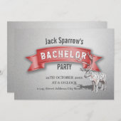Bachelor Stag Party Red Ribbon & Silver Einladung (Vorne/Hinten)