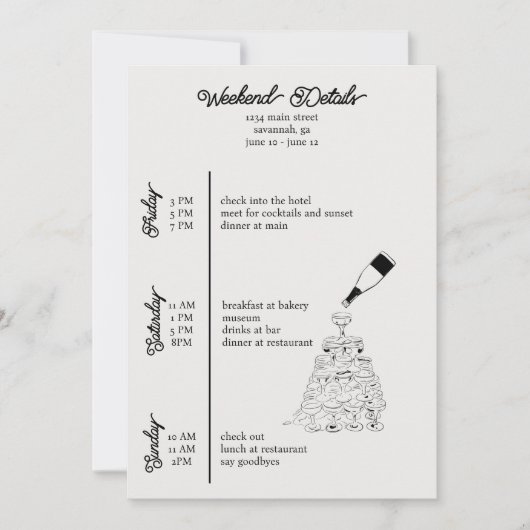 Bachelorett-Wochenende Details Schwarz-Weiß Einladung (Vorderseite)