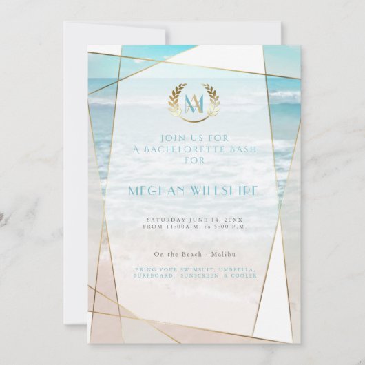 Bachelorette Bash | Moderne Mongram Beach Wedding Einladung (Vorderseite)