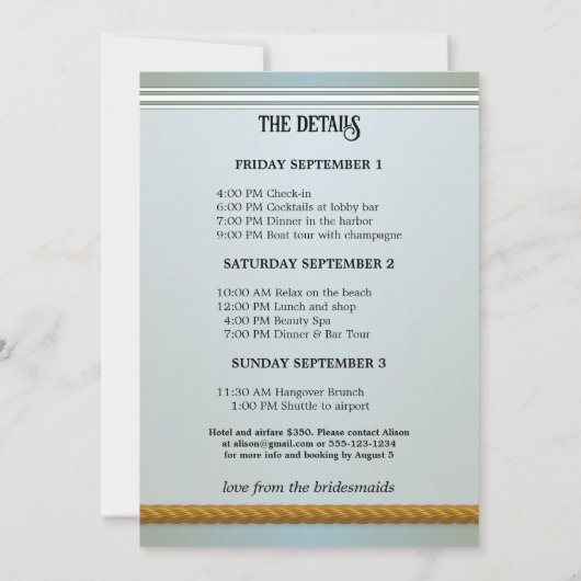 Bachelorette Beach Nautical Weekend Einladung (Rückseite)