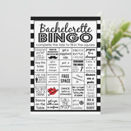 Bachelorette Bingo gestreift, Party Game, Challeng Einladung (Stehend Vorderseite)