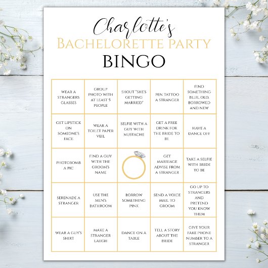 Bachelorette Bingo Gold Hen Party Game Challenge Karte
