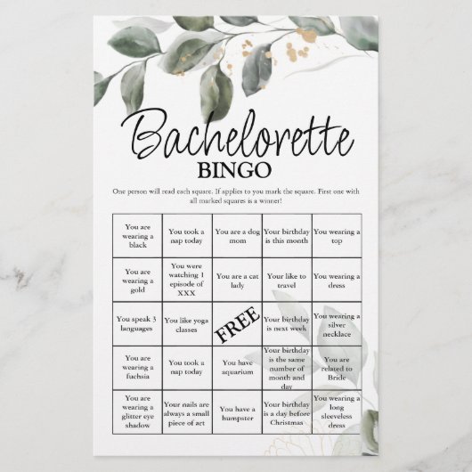 Bachelorette Bingo Grüne Bridal Game (Vorderseite)