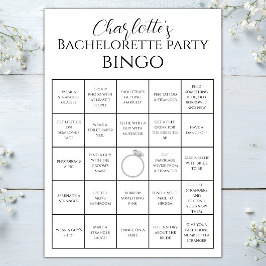 Bachelorette Bingo Hen Party Game Challenge Karte