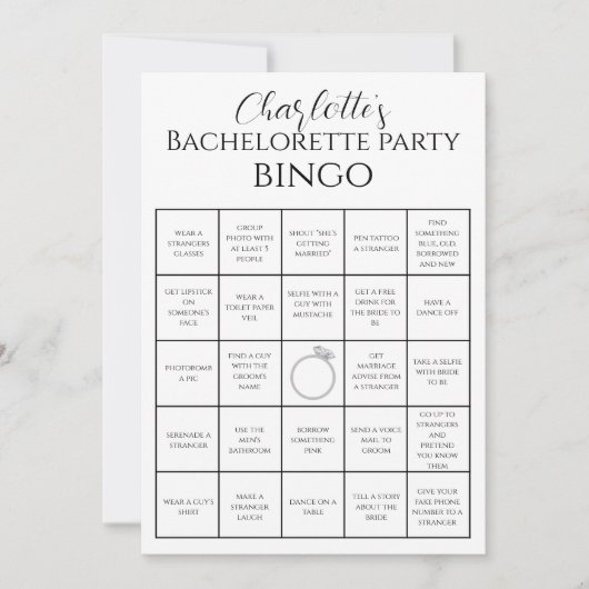 Bachelorette Bingo Hen Party Game Challenge Karte (Vorderseite)