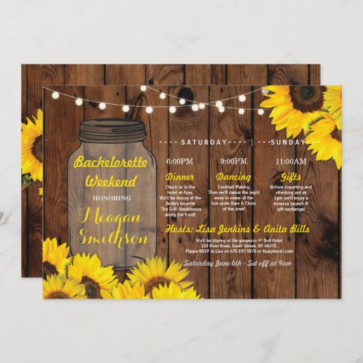 Bachelorette Brautparty Itinerary Jar Sunflower Einladung (Vorne/Hinten)