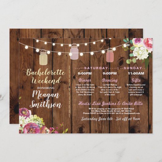 Bachelorette Brautparty Itinerary Jars Wood Programm (Vorne/Hinten)