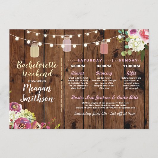 Bachelorette Brautparty Itinerary Jars Wood Programm (Vorderseite)