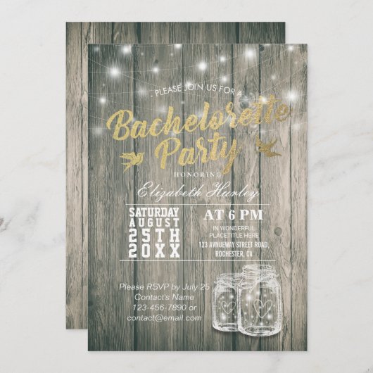 Bachelorette Brautparty Rustic Wood Mason Jars Einladung (Vorne/Hinten)