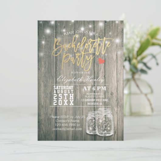 Bachelorette Brautparty Rustic Wood Mason Jars Einladung (Stehend Vorderseite)