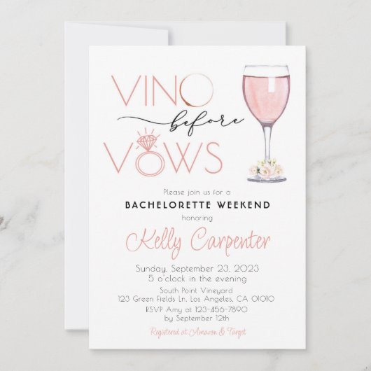 Bachelorette Einladung Rose Gold Vino vor Vows (Vorderseite)