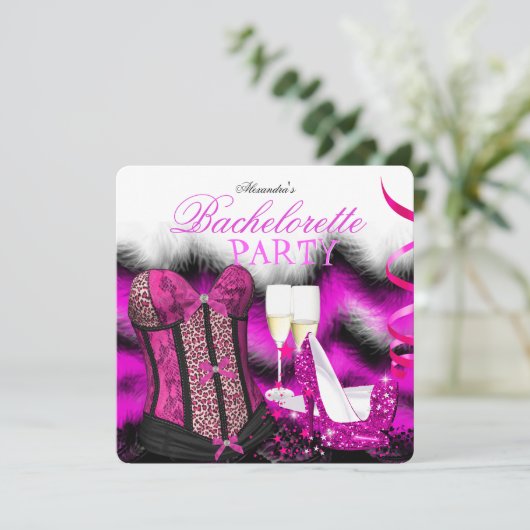 Bachelorette Feather Pink Corset Champagne Heelse Einladung (Stehend Vorderseite)