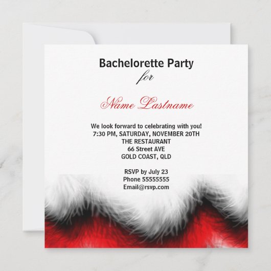 Bachelorette Feather Red Corset Champagne Heelse Einladung (Rückseite)