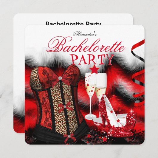 Bachelorette Feather Red Corset Champagne Heelse Einladung (Vorne/Hinten)