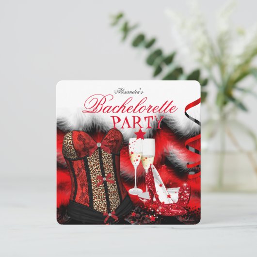 Bachelorette Feather Red Corset Champagne Heelse Einladung (Stehend Vorderseite)