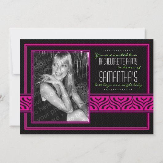 Bachelorette Foto-Einladung (Schwarzes u. Rosa) Einladung (Vorderseite)
