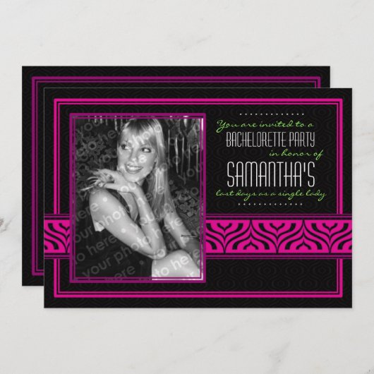 Bachelorette Foto-Einladung (Schwarzes u. Rosa) Einladung (Vorne/Hinten)