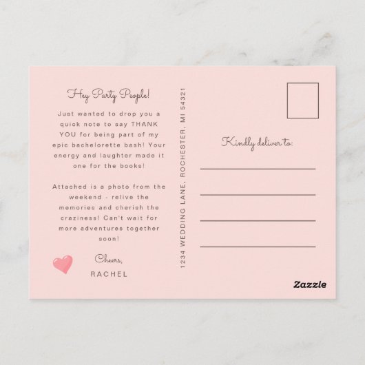 Bachelorette Foto vielen Dank Postkarte (Rückseite)