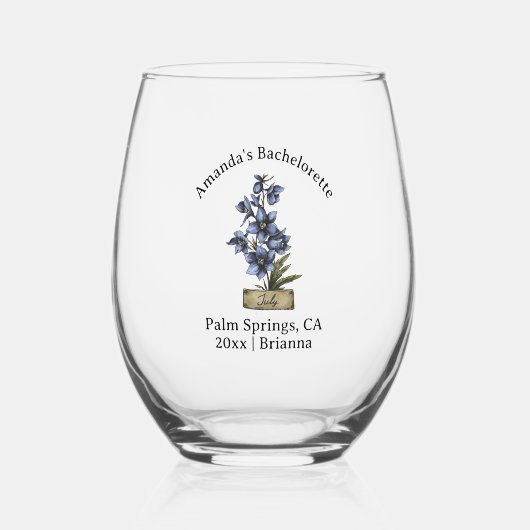 Bachelorette Geburtsmonat Blume Juli Larkspur Weinglas Ohne Stiel (Rückseite)