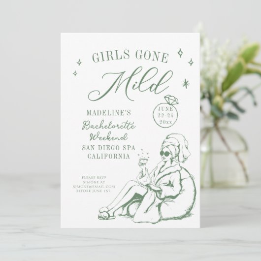 Bachelorette Girls Gone Milde Script Green Gezeich Einladung (Stehend Vorderseite)