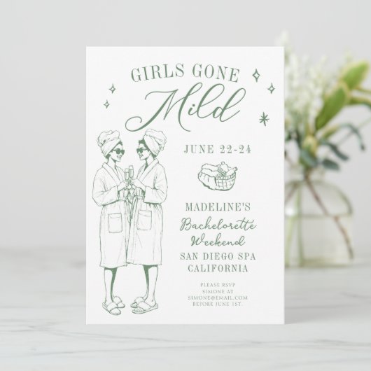 Bachelorette Girls Gone Milde Script Green Sketch Einladung (Stehend Vorderseite)