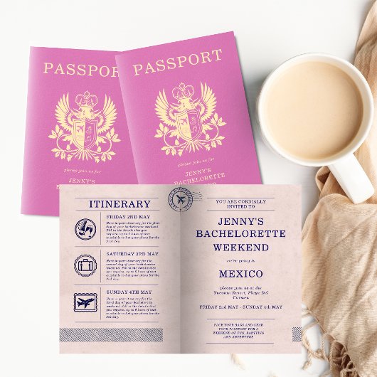 Bachelorette Hen Party Pink Passport Itinerary Einladung