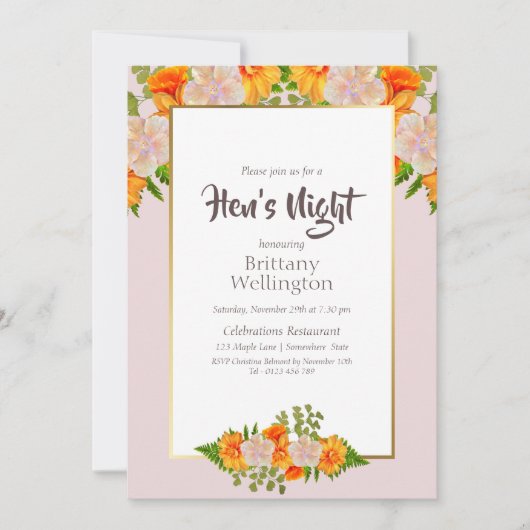 Bachelorette Hens Night Gold Blush Pink Floral Einladung (Vorderseite)