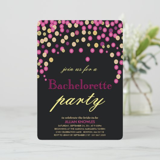 Bachelorette Imitate Pink Confetti Party Einladung (Stehend Vorderseite)