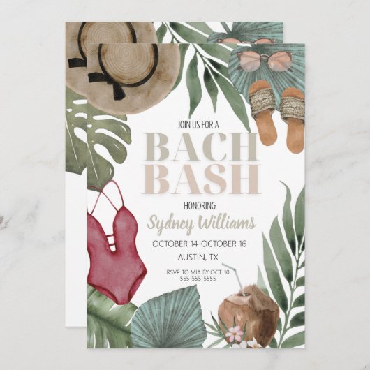 BACHELORETTE INVITATION & BEACH BACH BACH ITINERAR EINLADUNG (Vorne/Hinten)