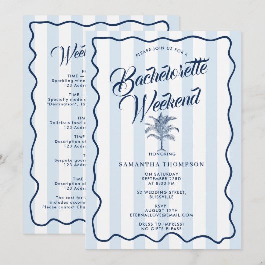 Bachelorette Itinerary Bach Weekend Palm Tree Einladung (Vorne/Hinten)